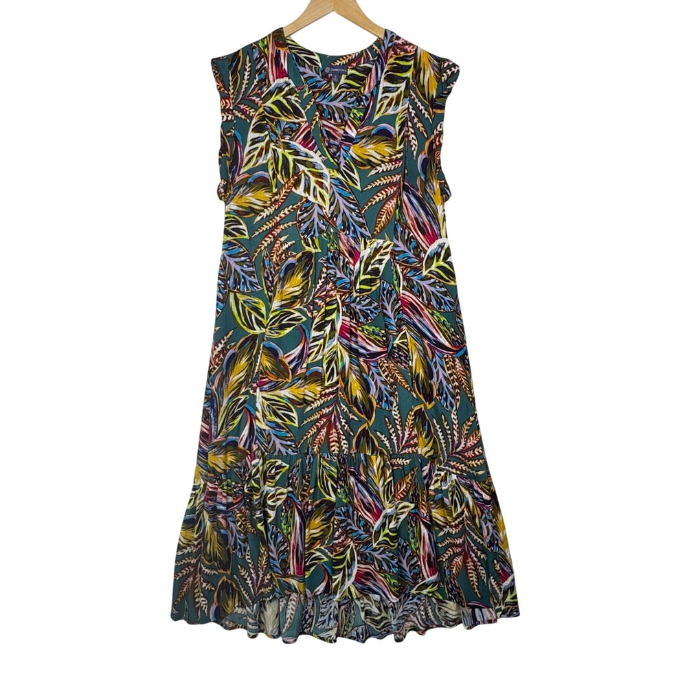 Democracy Womens Size Small Tropical‎ Leaf Print Tiered Midi Dress Teal Boho